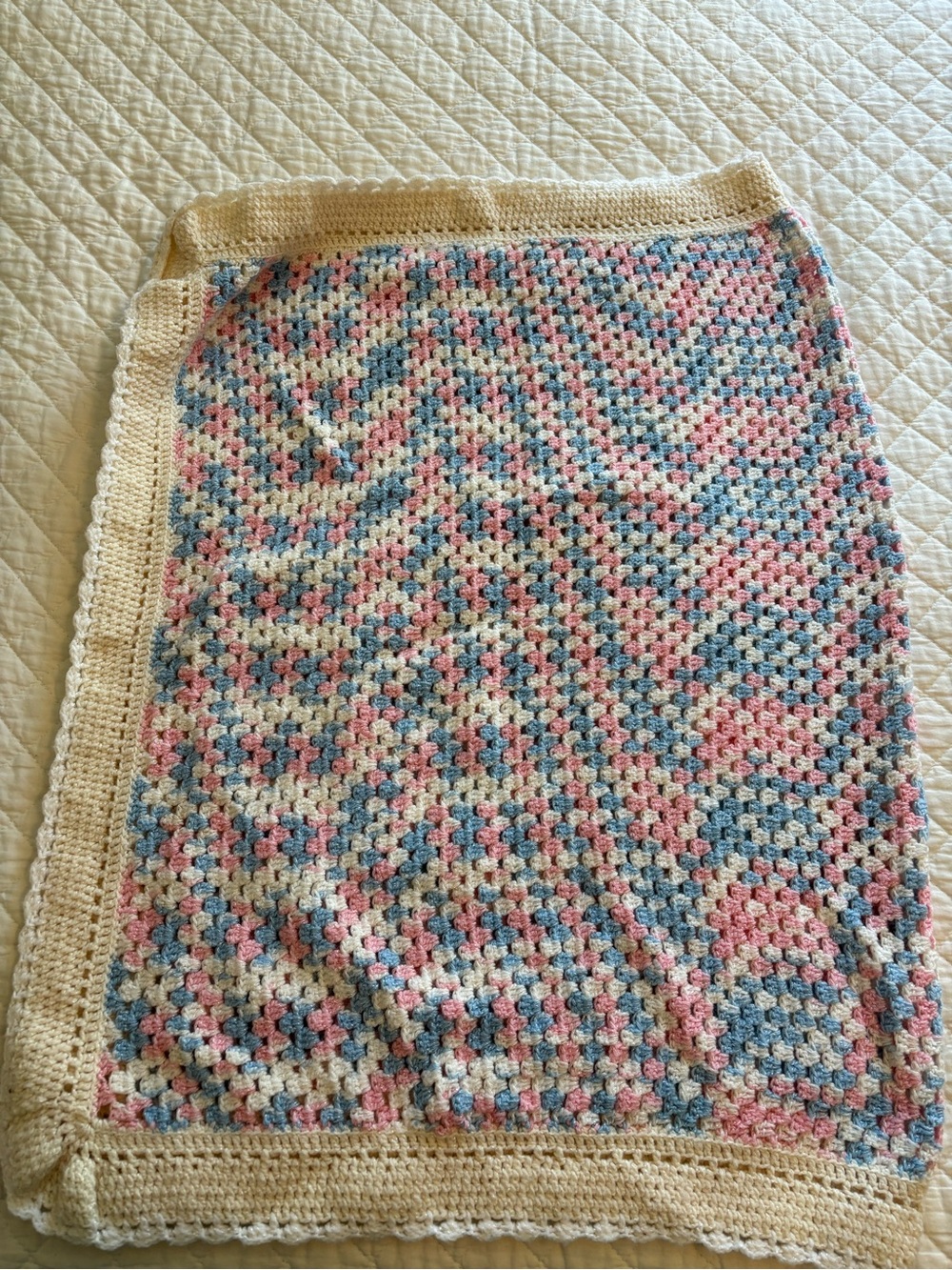 Handmade Cream-Trim Pink & Blue Crochet baby blanket